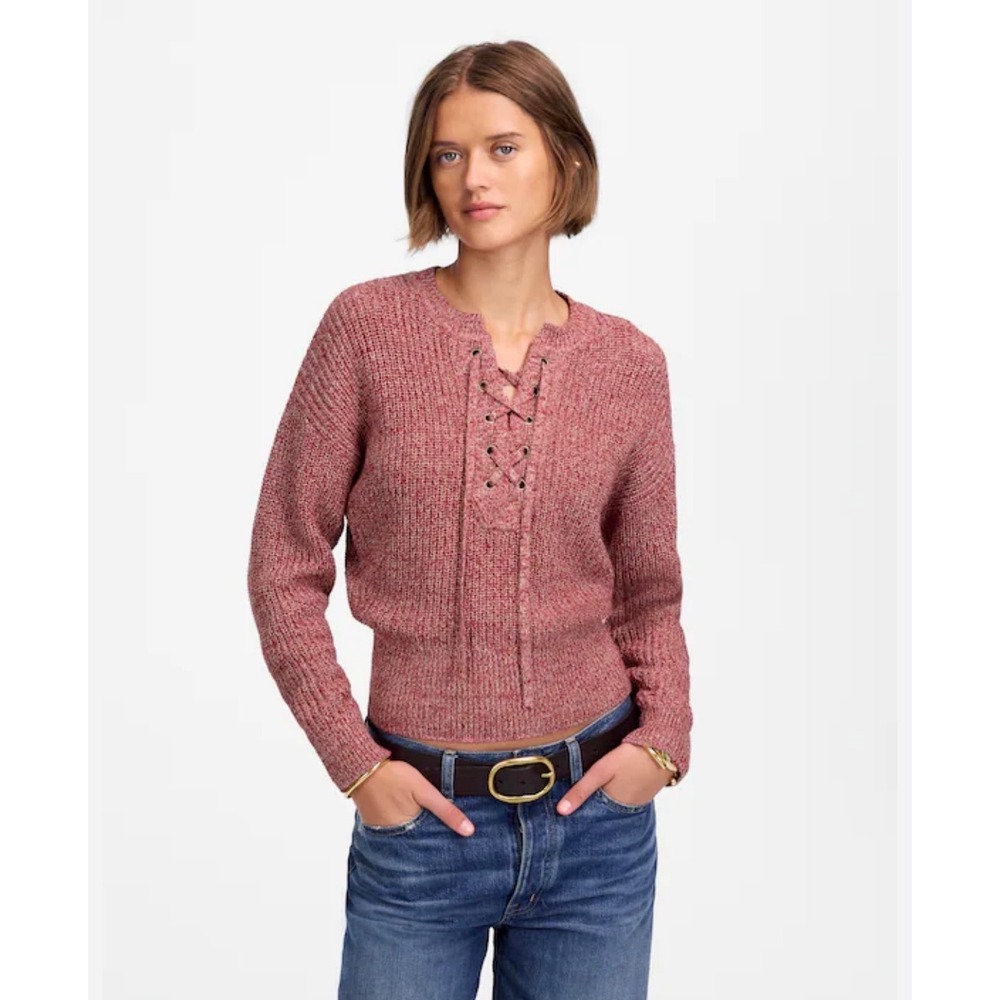 M9 Madewell Lace Up Marled Knit Sweater Strawberry Pink SR705 Ribbed‎ Small NWT